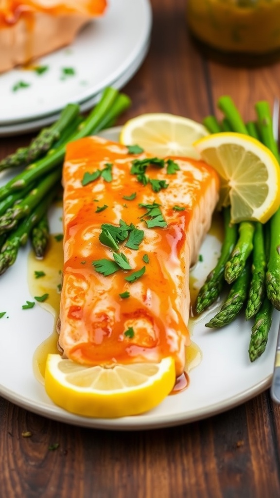 Honey glazed mustard salmon fillet on a white plate with asparagus and lemon wedges, garnished with parsley.